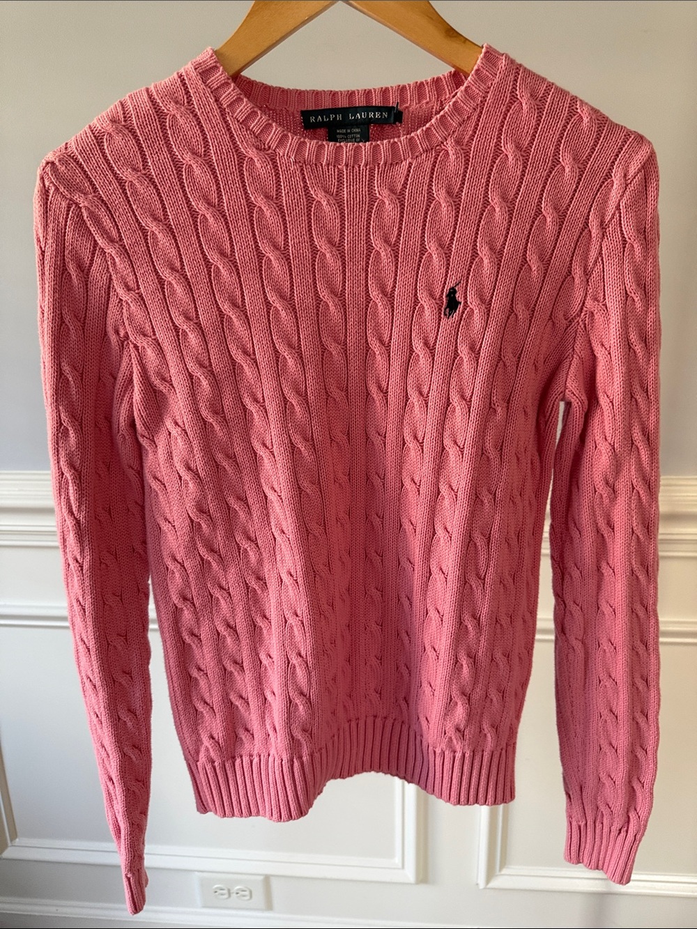 Ralph Lauren Women's Pink Cable Knit Cotton Crewneck Sweater L Large Runs Small